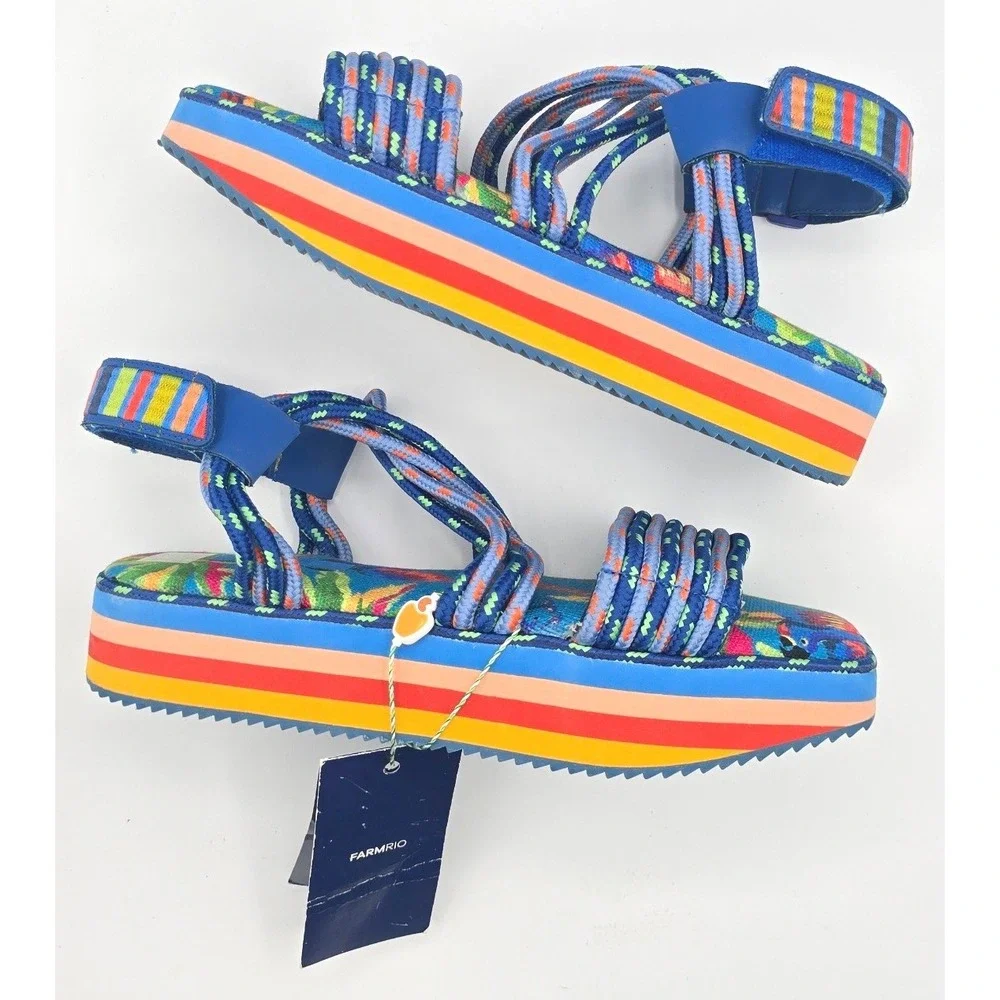 Farm Rio Blue Macaw Platform Rope Sandals Tropical Rainbow Striped 10 NEW